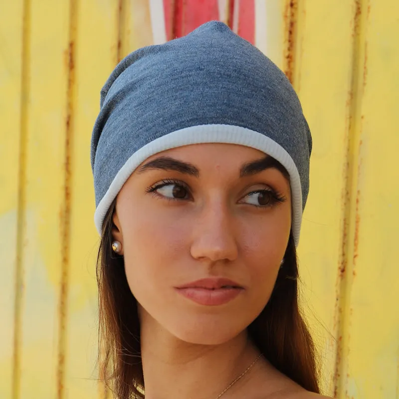 Purple Sardine Beanie Hat - Reversible Light Blue/Denim