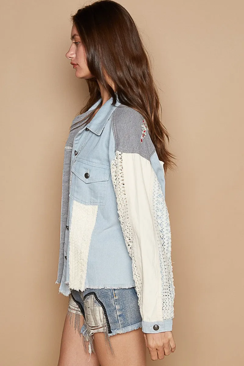 Raw Hem Crochet Embroidery Shacket with Chest Pockets