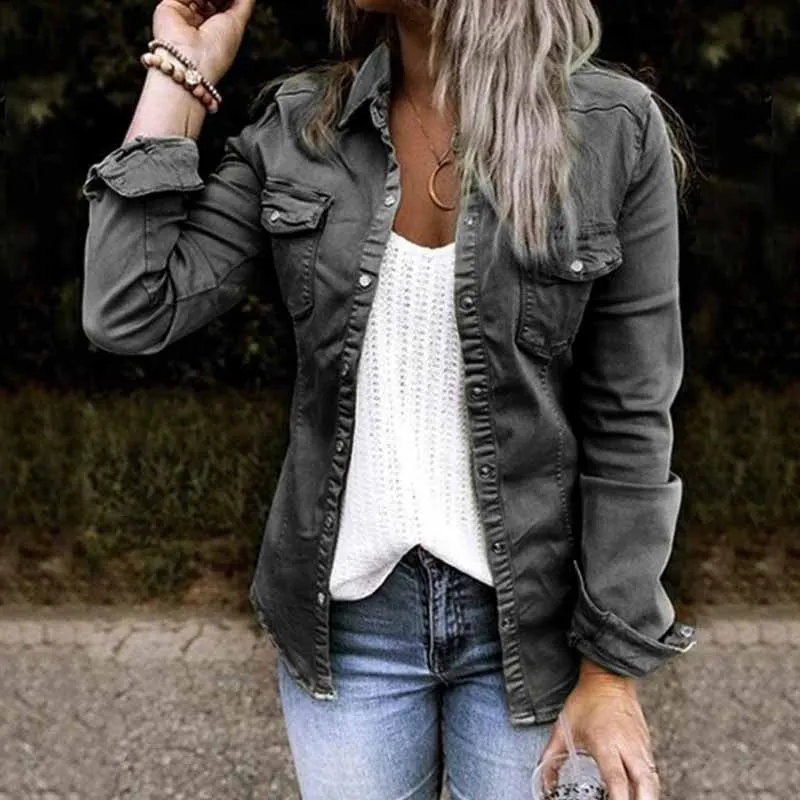 Solid Color Lapel Neck Pleated Denim Jacket