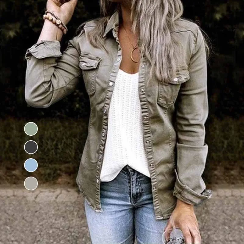 Solid Color Lapel Neck Pleated Denim Jacket