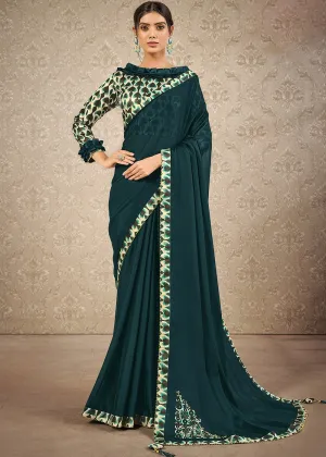 Teal Blue Digital Print Silk Georgette Designer Saree