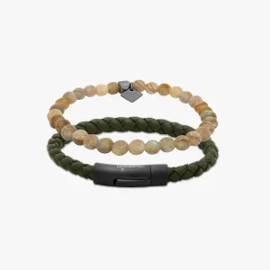 THOMPSON Black IP steel Tubo Classico Set bracelets in khaki leather