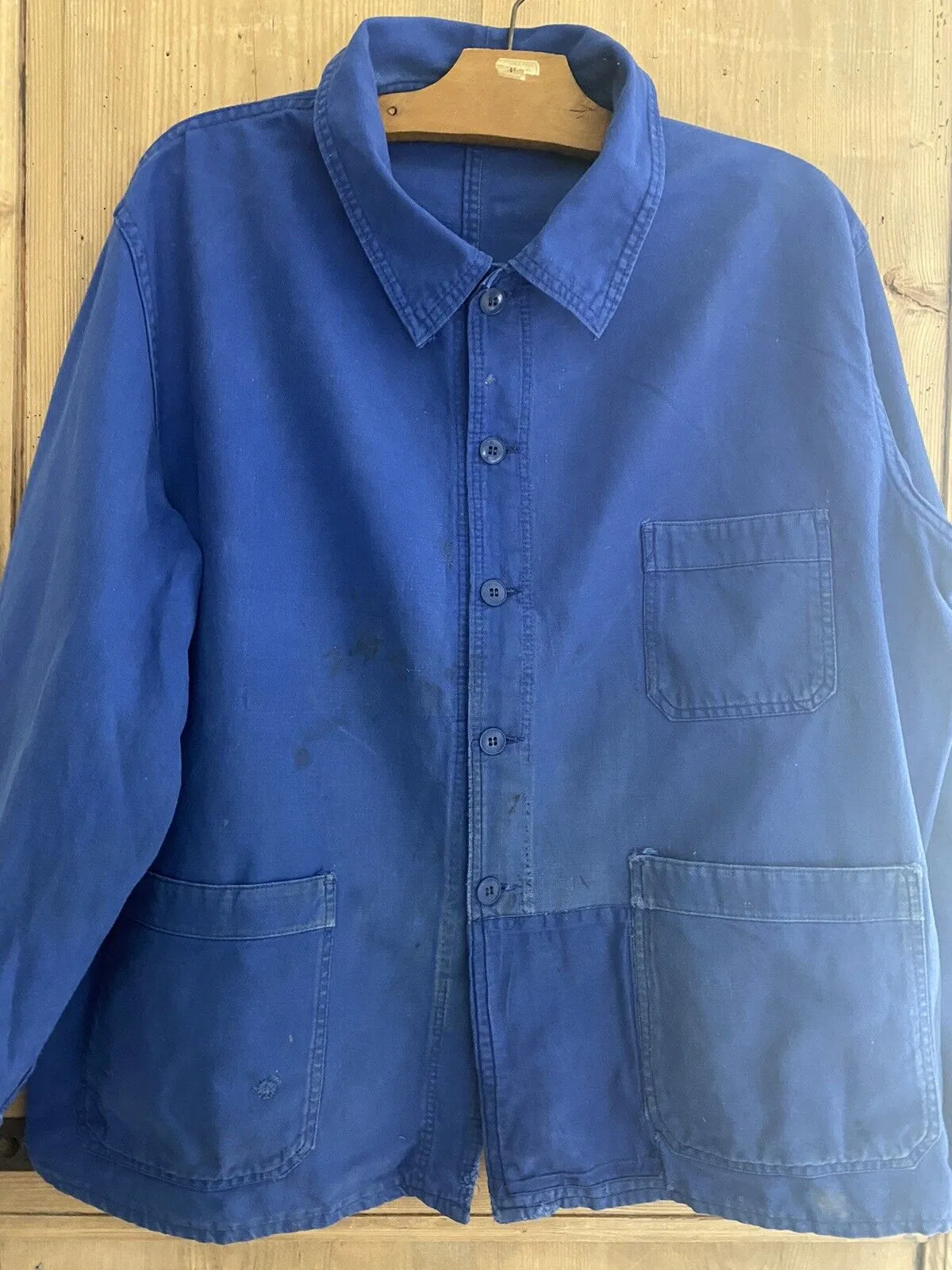 Vintage French BLEU DE TRAVAIL jacket WORK WEAR  faded INDIGO BLUE PATCHED c1930