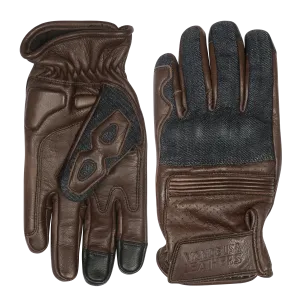 VL480Br Denim & Leather Motorcycle Gloves (Brown) with Mobile Phone Touchscreen