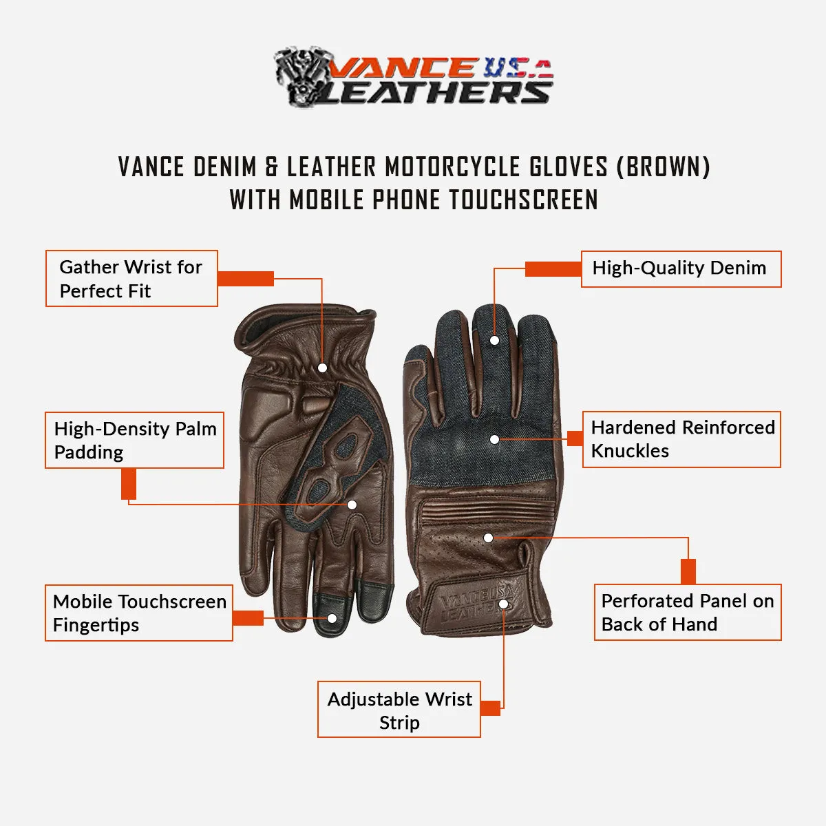 VL480Br Denim & Leather Motorcycle Gloves (Brown) with Mobile Phone Touchscreen