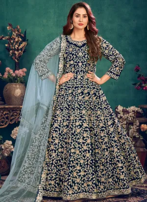 Wedding Wear Royal Blue Velvet Designer Anarkali Suit