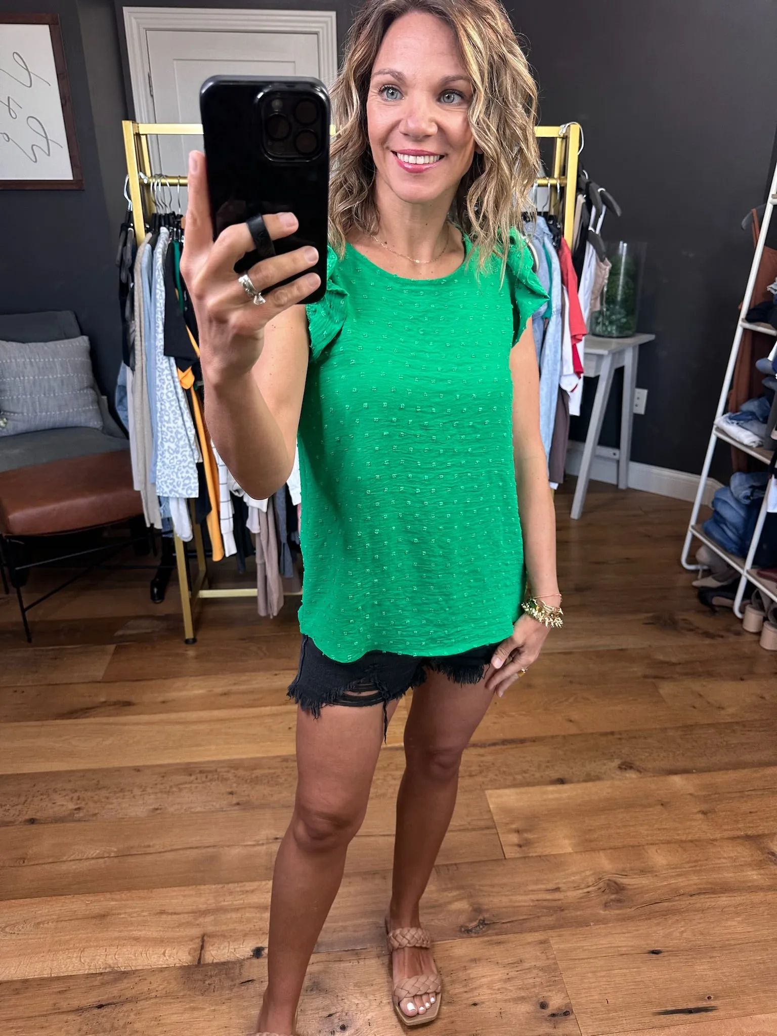 What Happiness Means Swiss Dot Top With Flutter Sleeve - Kelly Green